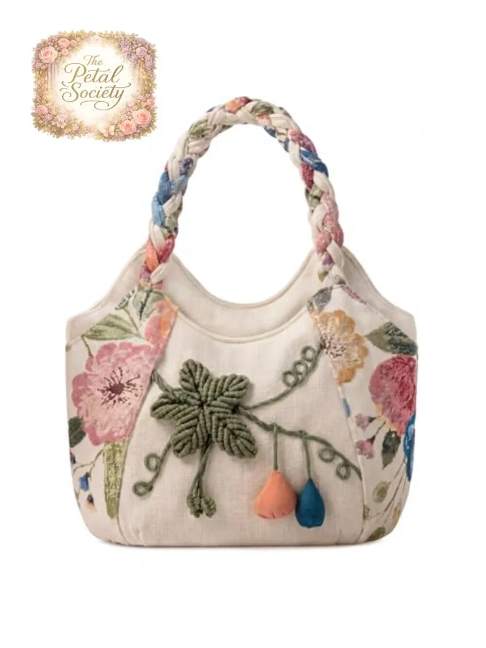 Vintage Embroidered Hemp Canvas Tote Bag with Zipper Pockets